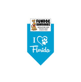 Turquoise miniature dog bandana with I Heart Florida and a paw within a heart in white ink.