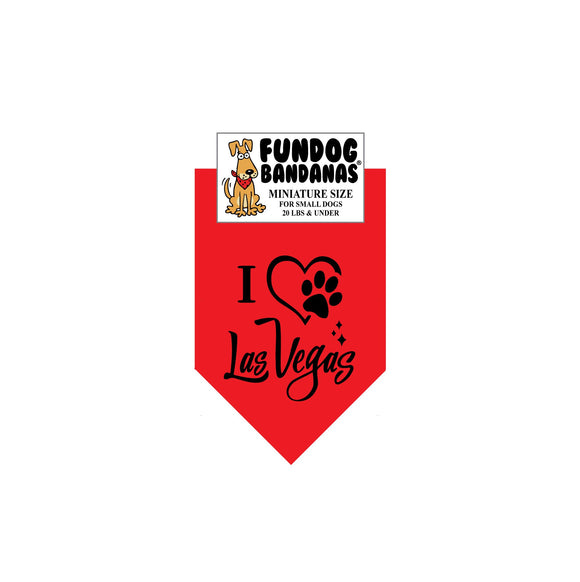 Red miniature dog bandana with I Heart Las Vegas and a paw within a heart in black ink.