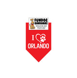 Red miniature dog bandana with I Love Orlando and a paw within a heart in white ink.