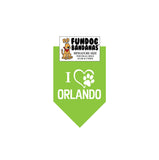 Lime Green miniature dog bandana with I Love Orlando and a paw within a heart in white ink.