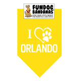 Gold one size fits most dog bandana with I Love Orlando and a paw within a heart in white ink.