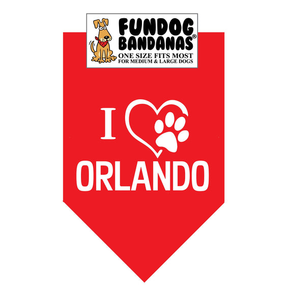 Red one size fits most dog bandana with I Love Orlando and a paw within a heart in white ink.