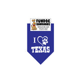 Royal Blue miniature dog bandana with I Love Texas and a paw within a heart in white ink.