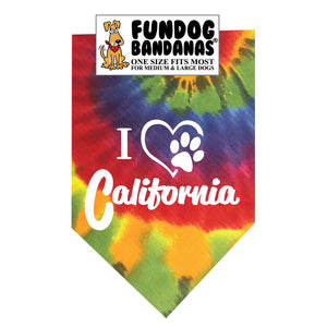 Brightly colored tie dye one size fits most dog bandana with I Heart California and a paw within a heart in white ink.