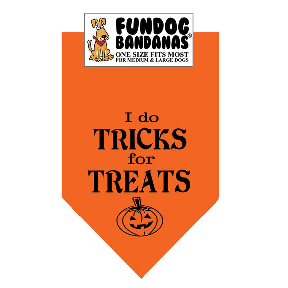Orange one size fits most dog bandana with I Do Tricks for Treats and a jack o' latern in black ink.