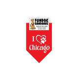 Red miniature dog bandana with I Heart Chicago and a paw within a heart in white ink.