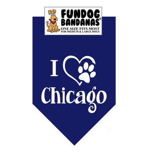 Navy Blue one size fits most dog bandana with I Heart Chicago and a paw within a heart in white ink.