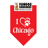 Red one size fits most dog bandana with I Heart Chicago and a paw within a heart in white ink.