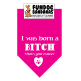 Hot Pink one size fits most dog bandana with I Was a Born a Bitch What's Your Excuse and a paw within a heart in white ink.