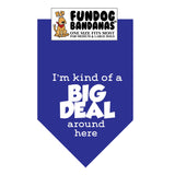 Royal Blue one size fits most dog bandana with I'm Kind of a Big Deal Around Here in white ink.