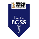 Navy Blue one size fits most dog bandana with I'm the Boss and a necktie in white ink.