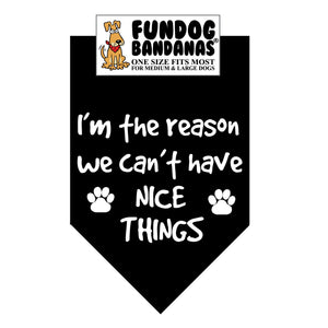Black one size fits most dog bandana with I'm The Reason We Can't Have Nice Things and 2 paws in white ink.