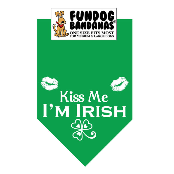 Kelly Green one size fits most dog bandana with Kiss Me I'm Irish and a shamrock and lips in white ink.