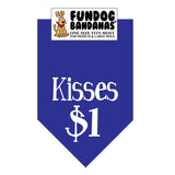 Royal Blue one size fits most dog bandana with Kisses $1 in white ink.