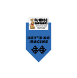 Mirage Blue miniature dog bandana with Let's Go Racing and 2 checkered flags in black ink.