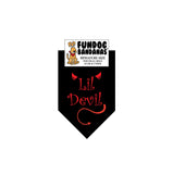 Black miniature dog bandana with Lil Devil, horns and a tail in red ink.