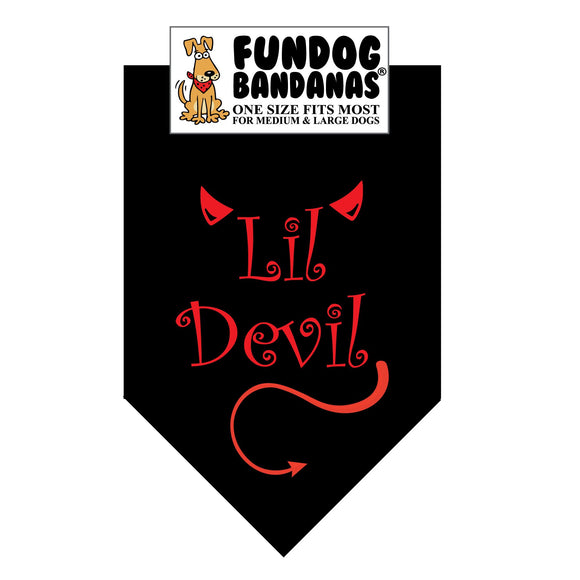 Black one size fits most dog bandana with Lil Devil, horns and a tail in red ink.