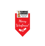 Red miniature dog bandana with Merry Woofmas and holly in white ink.
