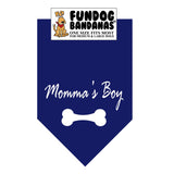 Navy Blue one size fits most dog bandana with Momma's Boy and a bone in white ink.