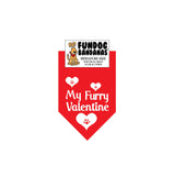 Red miniature dog bandana with My Furry Valentine and 3 paws within hearts in white ink.