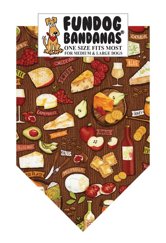 Different wines and cheeses are scattered across a brown one size fits most dog bandana.