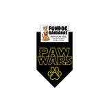 Black miniature dog bandana with Paw Wars and a paw in gold ink.