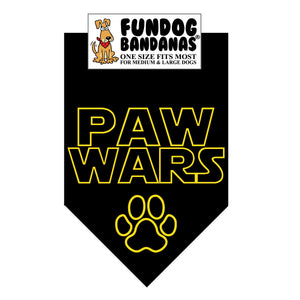Black one size fits most dog bandana with Paw Wars and a paw in gold ink.