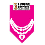Hot Pink one size fits most dog bandana with a pearl necklace with a heart in white ink.
