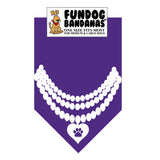Purple one size fits most dog bandana with a pearl necklace with a heart in white ink.