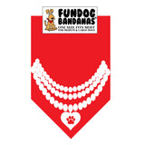 Red one size fits most dog bandana with a pearl necklace with a heart in white ink.