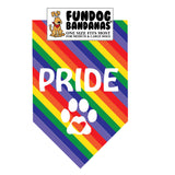 Rainbow one size fits most dog bandana with Pride and a heart within a paw in white ink.