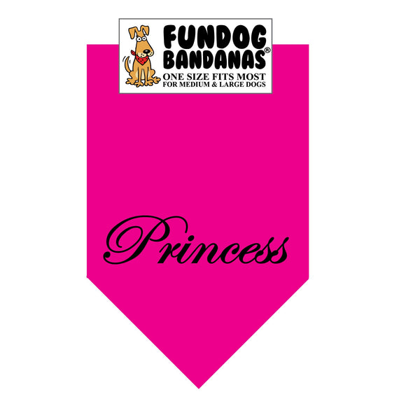 Hot Pink one size fits most dog bandana with Princess in black ink.