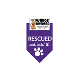 Purple miniature dog bandana with Rescued and Lovin it and a paw in white ink.