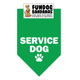 Kelly Green one size fits most dog bandana with Service Dog and a paw in white ink.
