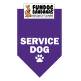 Purple one size fits most dog bandana with Service Dog and a paw in white ink.