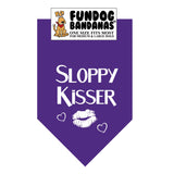 Purple one size fits most dog bandana with Sloppy Kisser and lips in white ink.