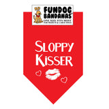 Red one size fits most dog bandana with Sloppy Kisser and lips in white ink.