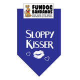 Royal Blue one size fits most dog bandana with Sloppy Kisser and lips in white ink.