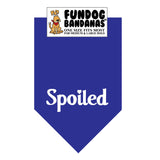 Royal Blue one size fits most dog bandana with Spoiled in white ink.