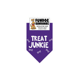 Purple miniature dog bandana with Treat Junkie and dog bones in white ink.