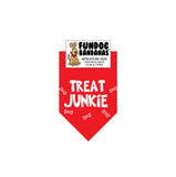 Red miniature dog bandana with Treat Junkie and dog bones in white ink.