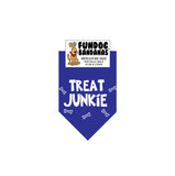 Royal Blue miniature dog bandana with Treat Junkie and dog bones in white ink.