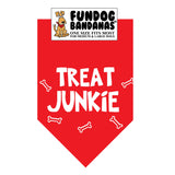 Red one size fits most dog bandana with Treat Junkie and dog bones in white ink.