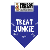 Royal Blue one size fits most dog bandana with Treat Junkie and dog bones in white ink.