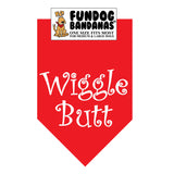 Red one size fits most dog bandana with Wiggle Butt in white ink.