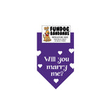 Purple miniature dog bandana with Will You Marry Me? and hearts in white ink.