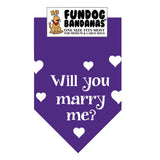 Purple one size fits most dog bandana with Will You Marry Me? and hearts in white ink.