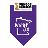 Purple one size fits most dog bandana with Woof Da and 2 paws inside the state of minnesota outline.