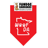 Red one size fits most dog bandana with Woof Da and 2 paws inside the state of minnesota outline.