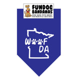 Royal Blue one size fits most dog bandana with Woof Da and 2 paws inside the state of minnesota outline.